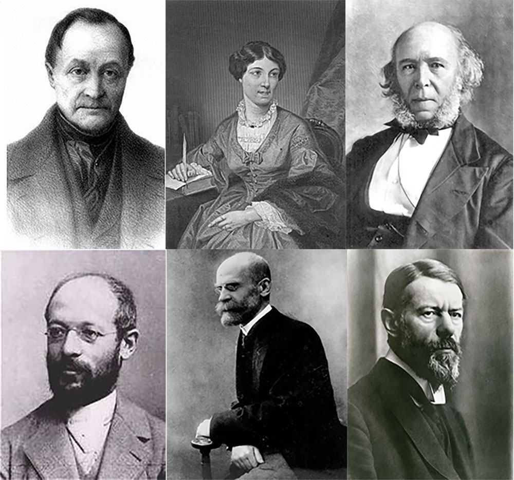 図1.5 | 初期のヨーロッパの主要な理論家たち。上段、左から右へ:オーギュスト・コント、ハリエット・マーティノー、ハーバート・スペンサー。下段、左から右へ:ゲオルク・ジンメル、エミール・デュルケーム、マックス・ウェーバー。(Credit: Wikimedia Commons; Julius Cornelius Schaarwächter/Public domain.)