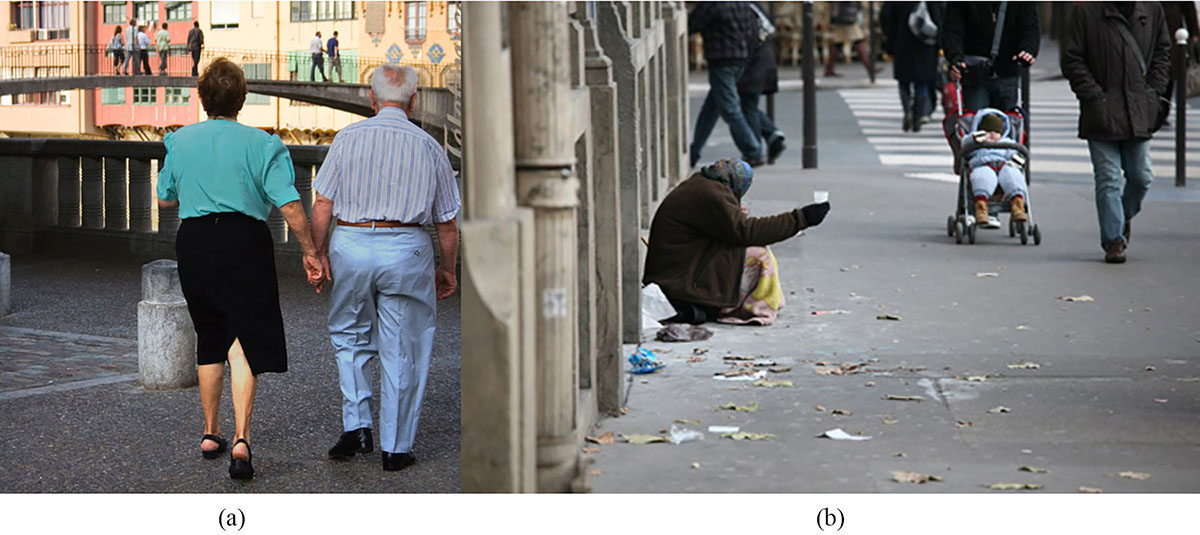 図13.14 | 高齢者の貧困率は数十年にわたり改善傾向を示していましたが、2008年の不況により、一部の高齢者の経済的な未来が変化しました。悠々自適な老後を計画していた人の中には、晩年の困窮に陥る危険性があることに気づいた人もいました。(Credit: (a) Michael Cohen/flickr; Photo (b) Alex Proimos/flickr)