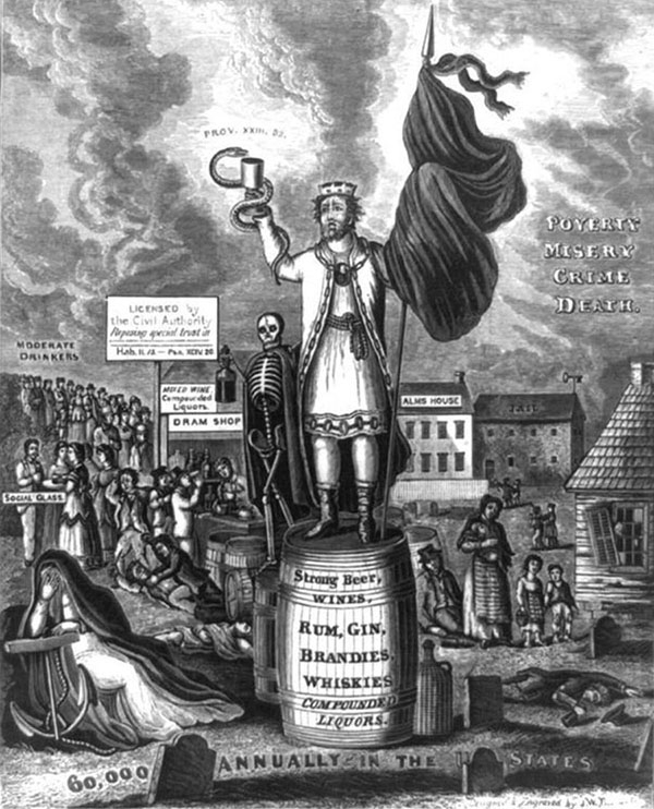 図19.9 | この19世紀の版画では、「アルコール王」が酒樽の上の骸骨とともに描かれています。彼の背後には「貧困」、「悲惨」、「犯罪」、「死」の文字が宙に浮いています。(Credit: Library of Congress/Wikimedia Commons)