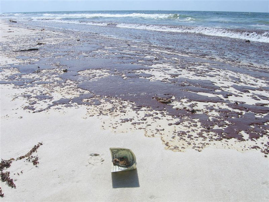 図20.17 | 湾岸の浜辺の石油は大きな荒廃を引き起こし、海や陸の動物を殺し、地元のビジネスに壊滅的な打撃を与えました。(Credit: AV8ter/flickr)