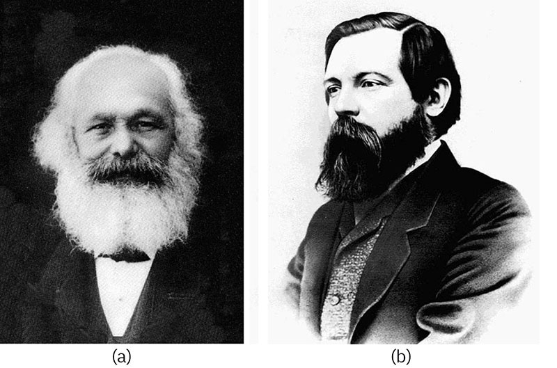 図4.7 | カール・マルクス(左)とフリードリヒ・エンゲルス(右)は、「持つ」集団と「持たざる」集団の間の社会権力の差を分析しました。(Credit: (a) Wikimedia Commons; Photo (b) George Lester/Wikimedia Commons)