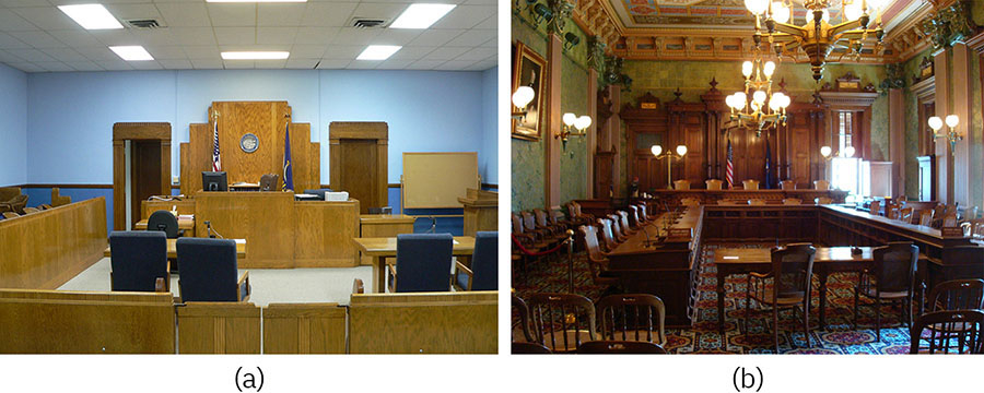 図7.11 | このカンザス州の郡法廷(左側)は、州の第一審裁判所の典型的な環境です。これをミシガン州最高裁判所の法廷(右)と比較してみてください。(Credit: (a) Ammodramus/Wikimedia Commons; Photo (b) Steve & Christine/Wikimedia Commons)