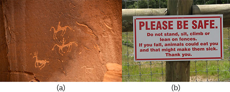 図8.2 | 歴史を通して、テクノロジーは情報を伝えるために使われてきました。キャニオン・デ・シェリーのネイティブ・アメリカンの住居の近くにある岩面彫刻から、動物小屋の外にある警告標識に至るまで、私たちの技術革新は可能な限り最も効果的な伝達を行うために使われてきました。(Credit: a: Anthony Quintano/flickr; b: tenioman/flickr)